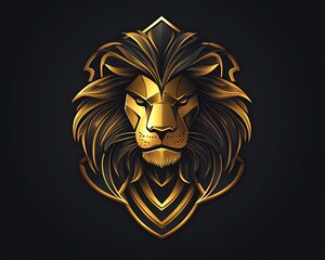 Obraz premium Elegant gold and black gradient lion head emblem with armor shape. Flat vector design on dark background, high resolution.