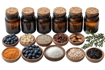 A collection of spices and herbs in bowls with glass jars, isolated on white background. Perfect for culinary and cooking themes.