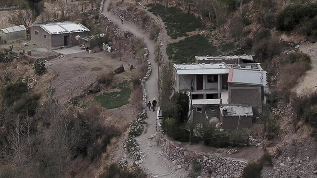 Elevated View of Father and Son Walking on Mountain Trail to School in San Isidro de Iruya, Salta Province, Argentina