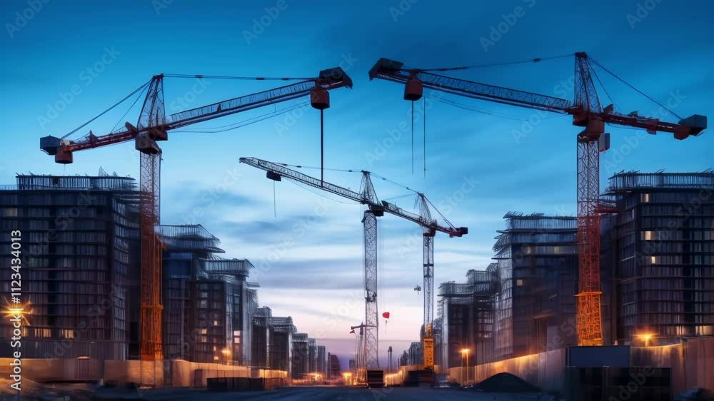 Poster multiple cranes working diligently on a modern urban development project during sunset, capturing a 
