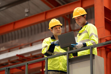two professional engineer,worker,technician use clipboard discuss work, walk in steel metal...