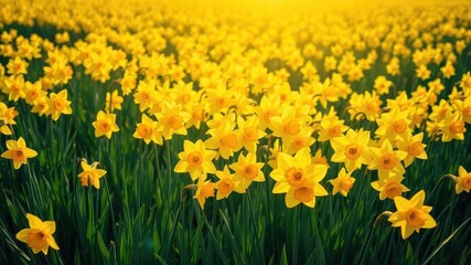 Obraz premium A vast field of vibrant yellow daffodil flowers blooming under the bright sunshine, outdoors, nature, vibrant