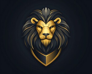Obraz premium Elegant gold and black gradient lion head emblem with armor shape. Flat vector design on dark background, high resolution.