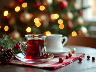 Obraz premium Warm cups of tea on a festive table with a Christmas tree decorated with lights and ornaments in a cozy setting
