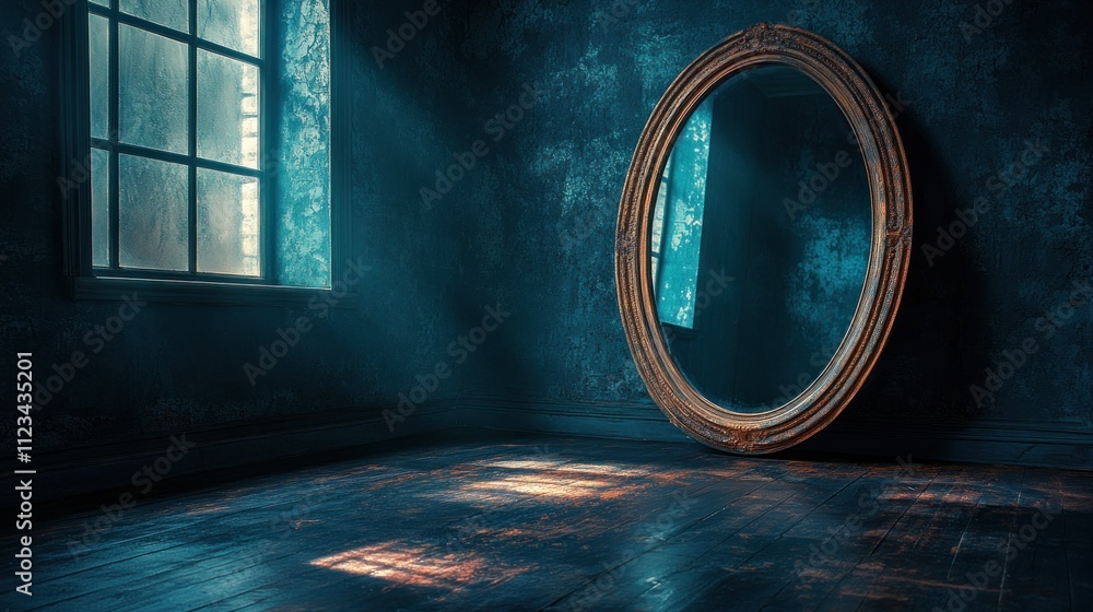 Poster dimly lit room featuring a large ornate mirror and a window, casting soft light.
