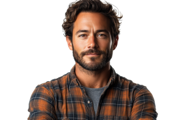 A confident man in a plaid shirt poses against a transparent background, exuding a relaxed and approachable demeanor.