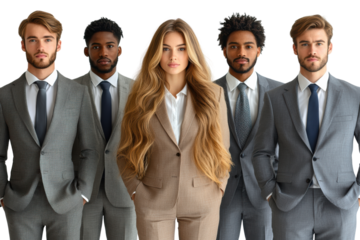 A confident group of young professionals in suits standing together, showcasing teamwork and modern corporate style.