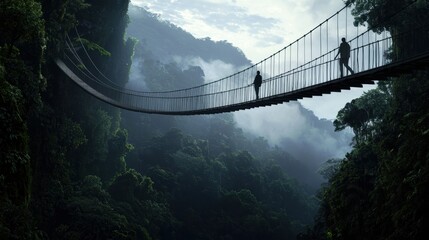 Fototapeta premium Adventurous exploration on a suspension bridge in lush jungle nature photography atmospheric environment captivating perspective