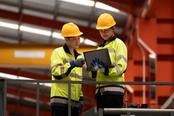 two professional engineer,worker,technician use clipboard discuss work, walk in steel metal...