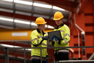 two professional engineer, worker, technician use clipboard discuss work, walk in steel metal...