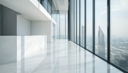 Fototapeta premium Modern office interior design high-rise building photography urban environment wide-angle view minimalist concept