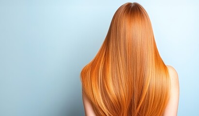 Naklejka premium A close-up view of a woman with long, shiny red hair against a soft blue background, ideal for beauty, hair care, or fashion promotions, highlighting vibrant hair textures,