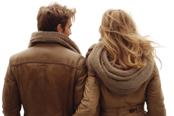 A couple in warm outfits standing close together, enjoying a moment of intimacy with wind-swept hair, capturing a sense of connection and affection.