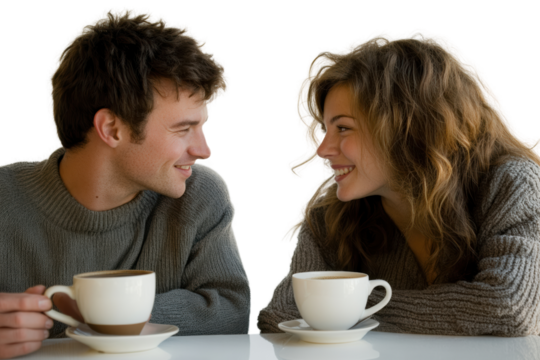 A couple enjoying coffee together, smiling and sharing an intimate moment. Perfect for themes of love, connection, and modern relationships.