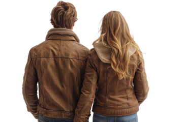 A couple standing close together, viewed from the back, wearing brown jackets, symbolizing love and connection against a white isolated background.