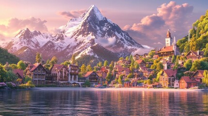 Coastal town with mountains at sunset