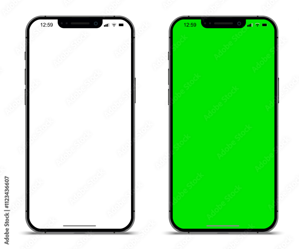 Poster smartphone mockup set with white empty and green touch screen. detailed mockup smartphone isolated, 