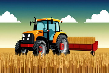 Obraz premium A flat illustration of a tractor working in a green field with a sunny sky represents agriculture and labor