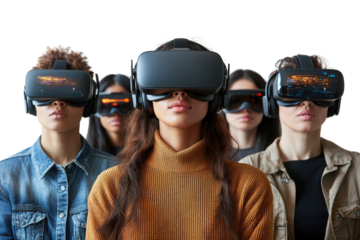 A diverse group of individuals wearing virtual reality headsets, engaged in a futuristic gaming experience. Isolation on a white background.