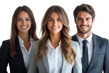 Fototapeta premium A diverse group of three professionals standing together, smiling confidently in formal attire, showcasing teamwork and collaboration.