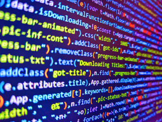 Software development by programmer. Background of program code. Coding concept. Website codes on monitor. Javacsript with web development. Programmer monitor with php language code. Blue php.