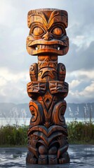 Majestic wooden totem pole sculpture carved with tribal symbols and figures standing tall in a serene natural landscape with water sky and clouds in the background