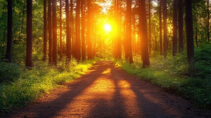 Fototapeta premium Sunlit path through a forest, trees casting long shadows. Perfect for illustrating tranquility, nature, or travel.