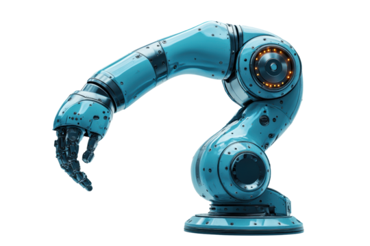 A futuristic robotic arm designed for precision tasks, showcasing advanced engineering and automation capabilities, isolated on a white background.