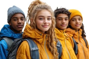 A group of young friends in bright yellow jackets and outdoor gear standing together in a cheerful pose ready for adventure.