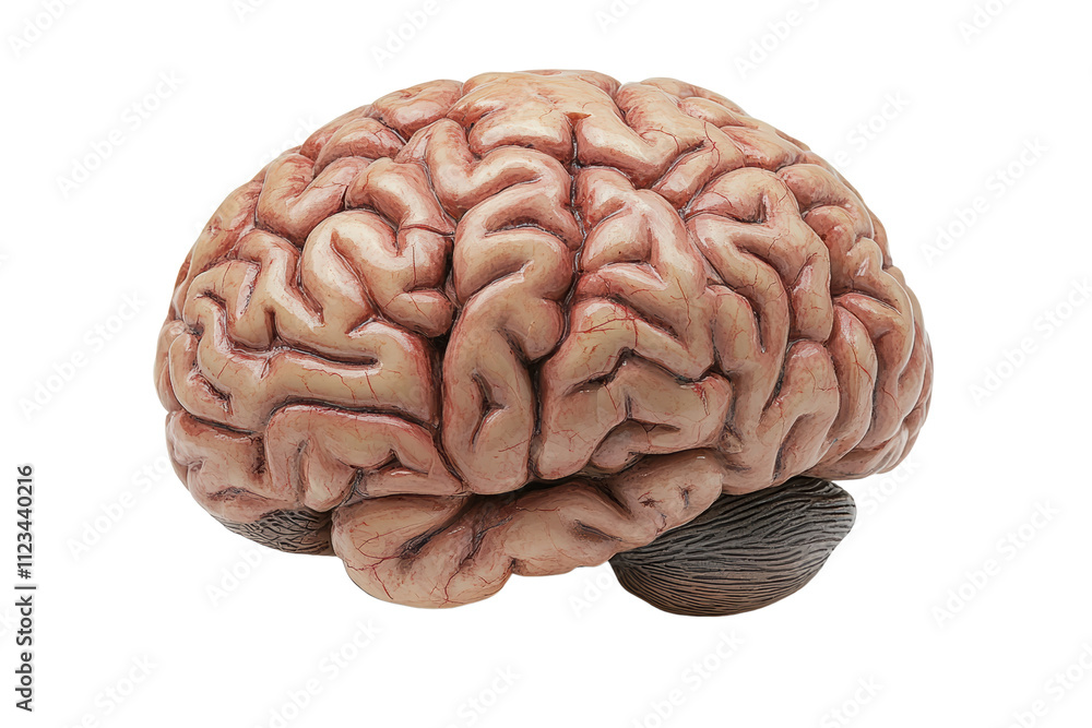 Poster a highly detailed human brain model showcasing intricate folds and structures against a white isolat