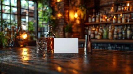 Business card mockup with a bottle of vodka shot glass and cocktail shaker on a bar table. Generative AI