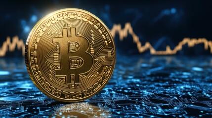 A golden bitcoin shines on a sleek surface, spotlighting trends in cryptocurrency