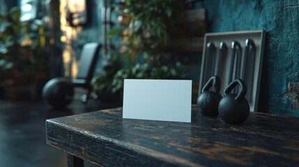 Business card mockup on gym bench with kettlebell and fitness accessories. Generative AI
