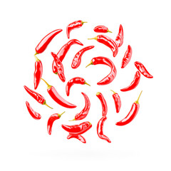 Floating red chili peppers isolated on white background
