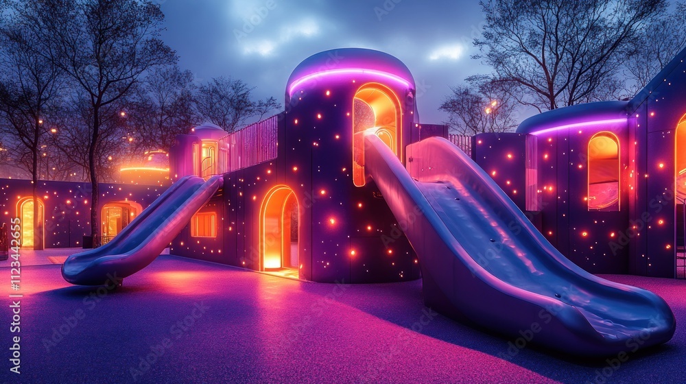 Poster vibrant playground featuring colorful slides and glowing elements under a twilight sky.