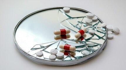A shattered mirror reflecting an empty pill bottle and a single broken pill, symbolizing fragmented health.