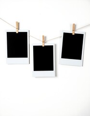 Three blank black polaroid photo prints with wooden clothespin hanging on the clothesline isolated on white background, mockup design concept	