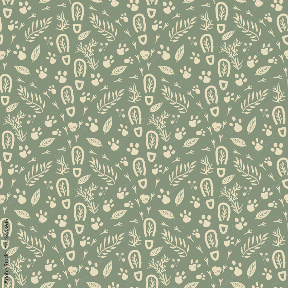 Poster woodland seamless pattern. forest simple endless background. green repeat cover. surface pattern des