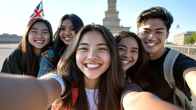 International Students Posing for Selfie with Flags in Front of Monument