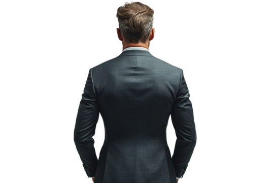 A professional man in a tailored suit viewed from the back, showcasing sophistication and modern style on a white isolated background.