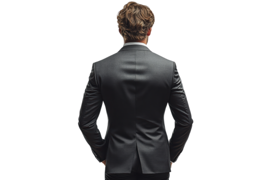A professional man in a well-fitted suit, viewed from the back, exuding confidence and sophistication, perfect for business-related concepts.