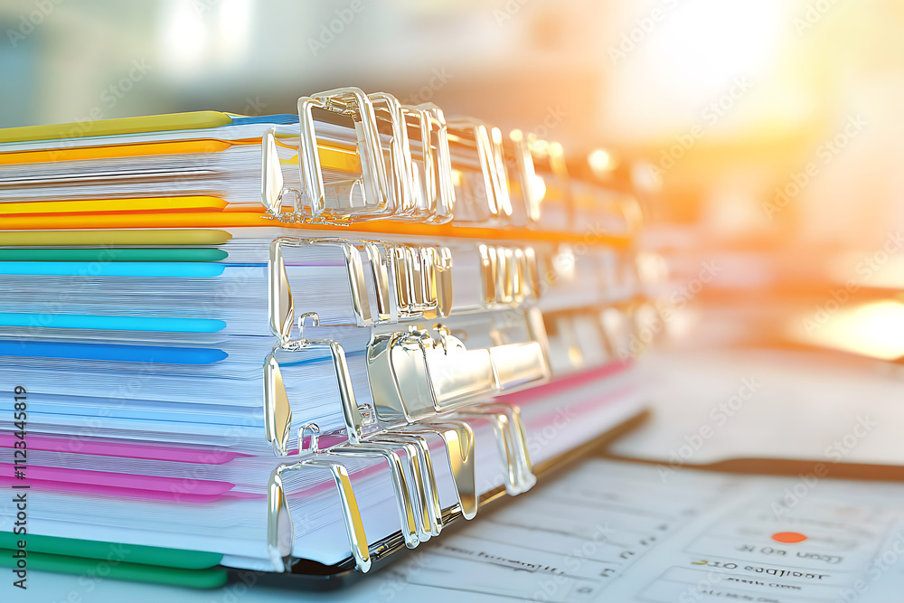 Poster a stack of colorful files and paperclips on a desk, suggesting organization and work.