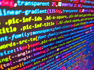 Stock market ticker on monitor screen. Compressed javascript code on computer screen. Pixelated data stream on digital interface with binary code, encryption concept, and glowing dots.