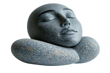 A serene stone sculpture of a resting figure, embodying peace and tranquility against a white background.