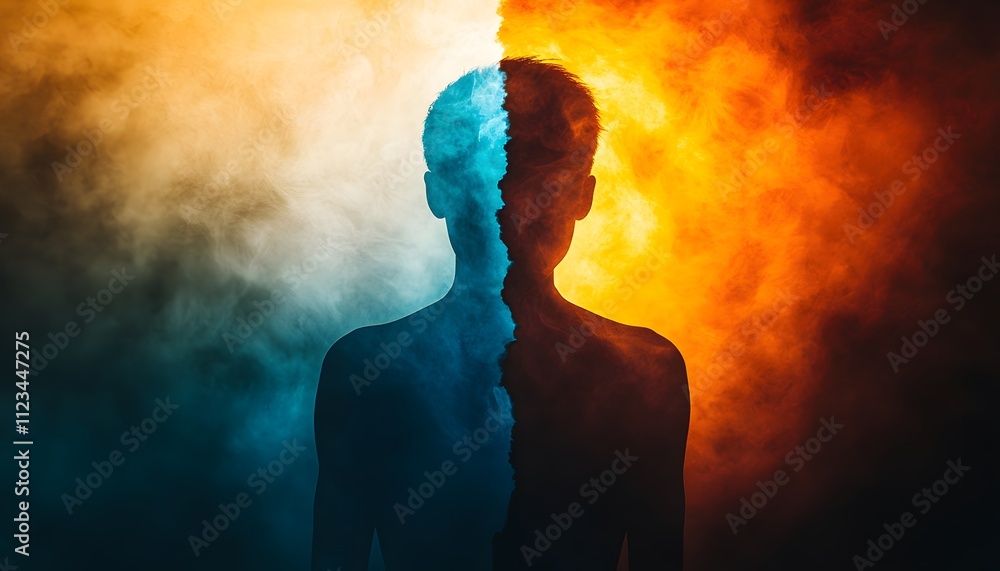 Poster conceptual representation of duality illustrated through a silhouette of a person split between vibr