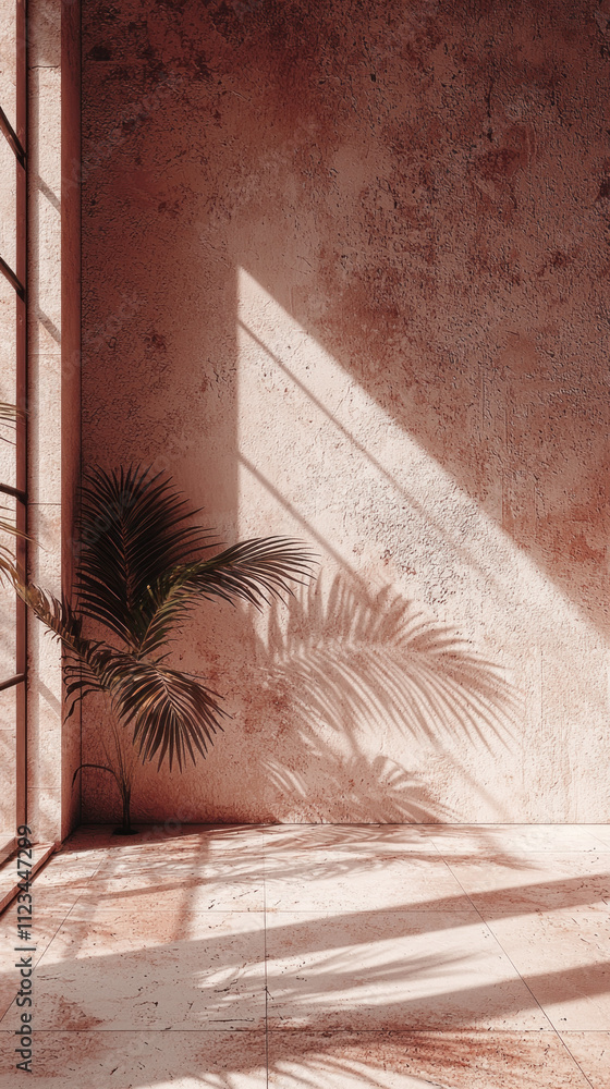 Poster Sunlight filters through a window, casting intricate shadows of leaves on a muted wall, creating an atmosphere of tranquility and warmth