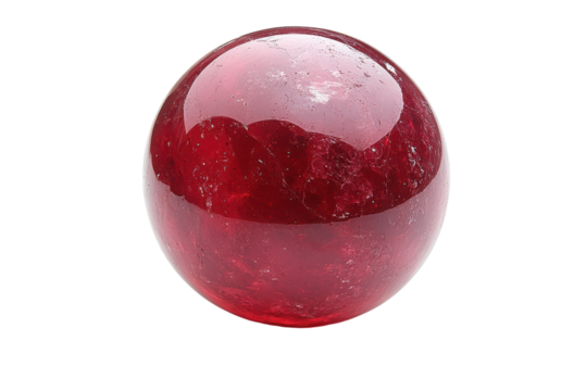 A shiny red sphere with a transparent surface, reflecting light beautifully against a white isolated background.