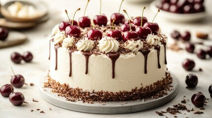 A beautifully decorated cake topped with cherries and chocolate, perfect for celebrations.