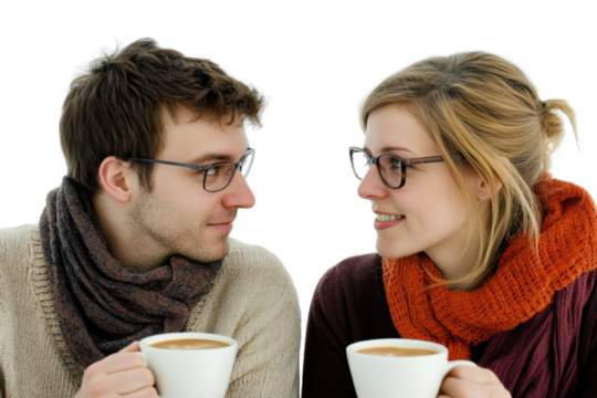 A smiling couple enjoying coffee together, showcasing warmth, connection, and friendship in a cozy atmosphere.