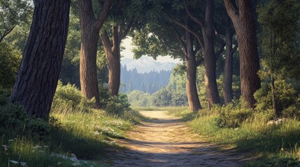 Fototapeta premium Serene Country Path, a tranquil rural scene showcasing a winding trail embraced by towering trees, inviting exploration and a deep appreciation of nature's calm beauty